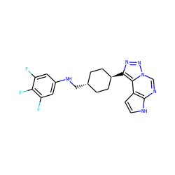 Fc1cc(NC[C@H]2CC[C@H](c3nnn4cnc5[nH]ccc5c34)CC2)cc(F)c1F ZINC001772570046
