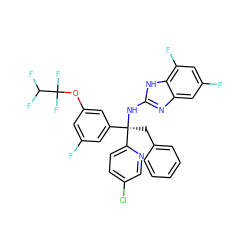 Fc1cc(OC(F)(F)C(F)F)cc([C@@](Cc2ccccc2)(Nc2nc3cc(F)cc(F)c3[nH]2)c2ccc(Cl)cn2)c1 ZINC000103261149