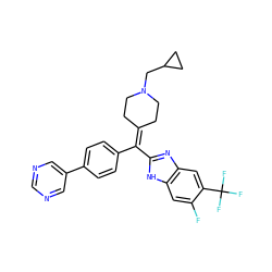 Fc1cc2[nH]c(C(=C3CCN(CC4CC4)CC3)c3ccc(-c4cncnc4)cc3)nc2cc1C(F)(F)F ZINC000038157853