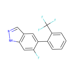 Fc1cc2[nH]ncc2cc1-c1ccccc1C(F)(F)F ZINC000169329447
