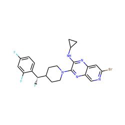 Fc1ccc([C@@H](F)C2CCN(c3nc4cnc(Br)cc4nc3NC3CC3)CC2)c(F)c1 ZINC000144692850