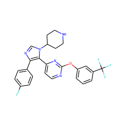 Fc1ccc(-c2ncn(C3CCNCC3)c2-c2ccnc(Oc3cccc(C(F)(F)F)c3)n2)cc1 ZINC000034753281