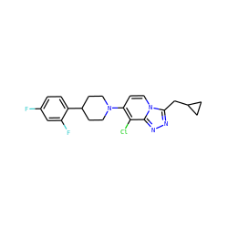 Fc1ccc(C2CCN(c3ccn4c(CC5CC5)nnc4c3Cl)CC2)c(F)c1 ZINC000095559538