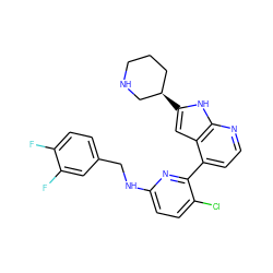 Fc1ccc(CNc2ccc(Cl)c(-c3ccnc4[nH]c([C@@H]5CCCNC5)cc34)n2)cc1F ZINC000226073227