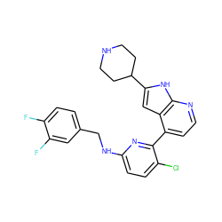 Fc1ccc(CNc2ccc(Cl)c(-c3ccnc4[nH]c(C5CCNCC5)cc34)n2)cc1F ZINC000220428147