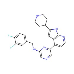 Fc1ccc(CNc2cncc(-c3ccnc4[nH]c(C5CCNCC5)cc34)n2)cc1F ZINC000226039292
