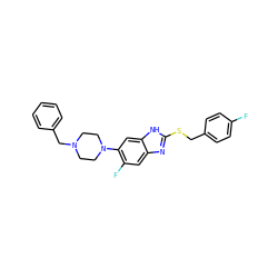 Fc1ccc(CSc2nc3cc(F)c(N4CCN(Cc5ccccc5)CC4)cc3[nH]2)cc1 ZINC000029048690