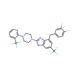 Fc1ccc(Cc2cc(C(F)(F)F)cc3[nH]c(N4CCN(c5ncccc5C(F)(F)F)CC4)nc23)cc1F ZINC000038157636