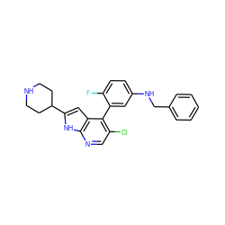 Fc1ccc(NCc2ccccc2)cc1-c1c(Cl)cnc2[nH]c(C3CCNCC3)cc12 ZINC000226096708
