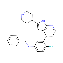 Fc1ccc(NCc2ccccc2)cc1-c1ccnc2[nH]c(C3CCNCC3)cc12 ZINC000226056063