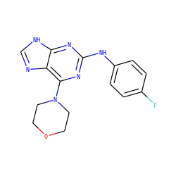 Fc1ccc(Nc2nc(N3CCOCC3)c3nc[nH]c3n2)cc1 ZINC000056907343