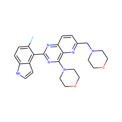 Fc1ccc2[nH]ccc2c1-c1nc(N2CCOCC2)c2nc(CN3CCOCC3)ccc2n1 ZINC000095577203