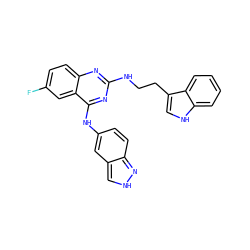 Fc1ccc2nc(NCCc3c[nH]c4ccccc34)nc(Nc3ccc4n[nH]cc4c3)c2c1 ZINC001772571949