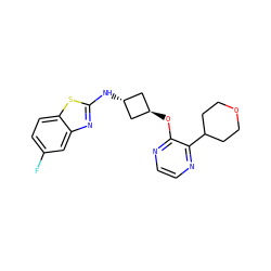 Fc1ccc2sc(N[C@H]3C[C@H](Oc4nccnc4C4CCOCC4)C3)nc2c1 ZINC000146943096
