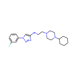 Fc1cccc(-n2cc(NCCN3CCN(C4CCCCC4)CC3)nn2)c1 ZINC000209669681