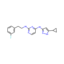 Fc1cccc(CCNc2nccc(Nc3cc(C4CC4)[nH]n3)n2)c1 ZINC000084634529