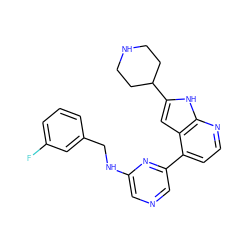 Fc1cccc(CNc2cncc(-c3ccnc4[nH]c(C5CCNCC5)cc34)n2)c1 ZINC000226079189