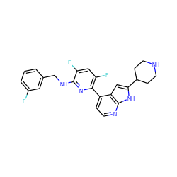 Fc1cccc(CNc2nc(-c3ccnc4[nH]c(C5CCNCC5)cc34)c(F)cc2F)c1 ZINC000220306848