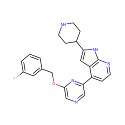 Fc1cccc(COc2cncc(-c3ccnc4[nH]c(C5CCNCC5)cc34)n2)c1 ZINC000226059072