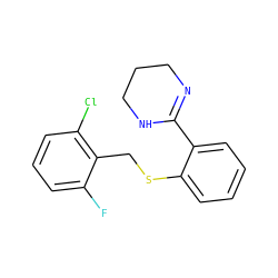 Fc1cccc(Cl)c1CSc1ccccc1C1=NCCCN1 ZINC000000139184