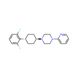 Fc1cccc(F)c1[C@H]1CC[C@H](N2CCN(c3ccccn3)CC2)CC1 ZINC000100085753