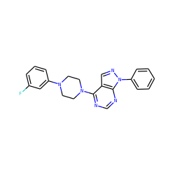 Fc1cccc(N2CCN(c3ncnc4c3cnn4-c3ccccc3)CC2)c1 ZINC001772649151