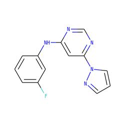 Fc1cccc(Nc2cc(-n3cccn3)ncn2)c1 ZINC000000299993