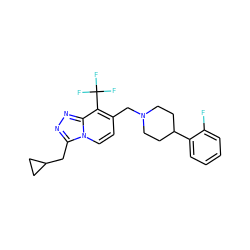 Fc1ccccc1C1CCN(Cc2ccn3c(CC4CC4)nnc3c2C(F)(F)F)CC1 ZINC000143082953