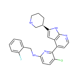 Fc1ccccc1CNc1ccc(Cl)c(-c2ccnc3[nH]c([C@@H]4CCCNC4)cc23)n1 ZINC000226070547