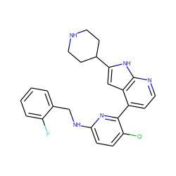 Fc1ccccc1CNc1ccc(Cl)c(-c2ccnc3[nH]c(C4CCNCC4)cc23)n1 ZINC000220428051