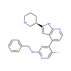 Fc1cnc(NCc2ccccc2)cc1-c1ccnc2[nH]c([C@@H]3CCCNC3)cc12 ZINC000226048589