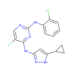 Fc1cnc(Nc2ccccc2Cl)nc1Nc1cc(C2CC2)[nH]n1 ZINC000203008028