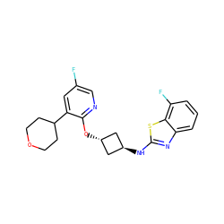 Fc1cnc(O[C@H]2C[C@H](Nc3nc4cccc(F)c4s3)C2)c(C2CCOCC2)c1 ZINC000146076549