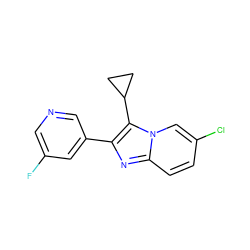 Fc1cncc(-c2nc3ccc(Cl)cn3c2C2CC2)c1 ZINC000221923712