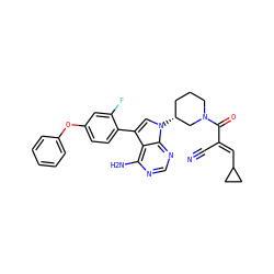 N#C/C(=C\C1CC1)C(=O)N1CCC[C@@H](n2cc(-c3ccc(Oc4ccccc4)cc3F)c3c(N)ncnc32)C1 ZINC000149472828
