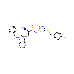 N#C/C(=C\c1cn(Cc2ccccc2)c2ccccc12)C(=O)Nc1nnc(SCc2ccc(F)cc2)s1 ZINC000299837273