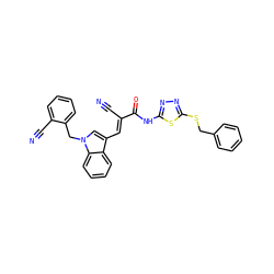 N#C/C(=C\c1cn(Cc2ccccc2C#N)c2ccccc12)C(=O)Nc1nnc(SCc2ccccc2)s1 ZINC000299818884