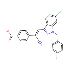 N#C/C(=C\c1nn(Cc2ccc(F)cc2)c2cc(Cl)ccc12)c1ccc(C(=O)O)cc1 ZINC000653831389