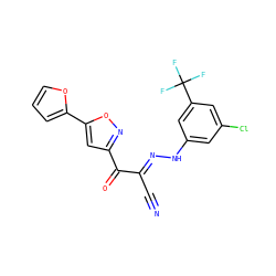 N#C/C(=N\Nc1cc(Cl)cc(C(F)(F)F)c1)C(=O)c1cc(-c2ccco2)on1 ZINC001772637821