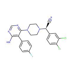 N#C[C@@H](c1ccc(Cl)c(Cl)c1)N1CCN(c2ncnc(N)c2-c2ccc(F)cc2)CC1 ZINC001772577279