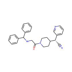 N#C[C@@H](c1cccnc1)C1CCN(C(=O)CNC(c2ccccc2)c2ccccc2)CC1 ZINC000013729338
