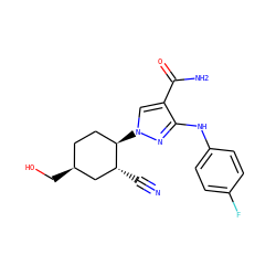 N#C[C@@H]1C[C@@H](CO)CC[C@H]1n1cc(C(N)=O)c(Nc2ccc(F)cc2)n1 ZINC000222970727