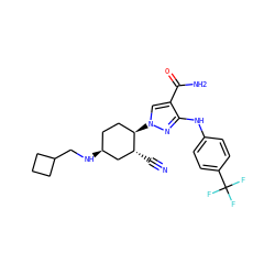 N#C[C@@H]1C[C@@H](NCC2CCC2)CC[C@H]1n1cc(C(N)=O)c(Nc2ccc(C(F)(F)F)cc2)n1 ZINC000221889866
