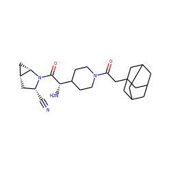 N#C[C@@H]1C[C@@H]2C[C@@H]2N1C(=O)[C@@H](N)C1CCN(C(=O)CC23CC4CC(CC(C4)C2)C3)CC1 ZINC000095588684