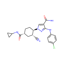 N#C[C@@H]1C[C@H](C(=O)NC2CC2)CC[C@H]1n1cc(C(N)=O)c(Nc2ccc(Cl)cc2)n1 ZINC000221871065