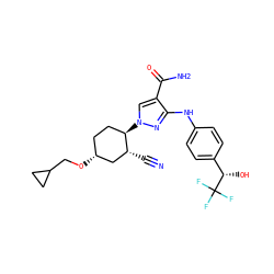 N#C[C@@H]1C[C@H](OCC2CC2)CC[C@H]1n1cc(C(N)=O)c(Nc2ccc([C@H](O)C(F)(F)F)cc2)n1 ZINC000221879047