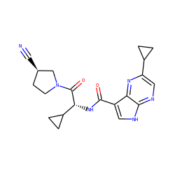 N#C[C@@H]1CCN(C(=O)[C@H](NC(=O)c2c[nH]c3ncc(C4CC4)nc23)C2CC2)C1 ZINC000095583506
