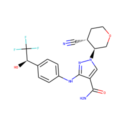 N#C[C@@H]1CCOC[C@H]1n1cc(C(N)=O)c(Nc2ccc([C@@H](O)C(F)(F)F)cc2)n1 ZINC000221855210