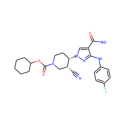 N#C[C@@H]1CN(C(=O)OC2CCCCC2)CC[C@@H]1n1cc(C(N)=O)c(Nc2ccc(F)cc2)n1 ZINC000205039459