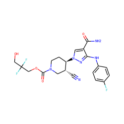 N#C[C@@H]1CN(C(=O)OCC(F)(F)CO)CC[C@H]1n1cc(C(N)=O)c(Nc2ccc(F)cc2)n1 ZINC000221255480